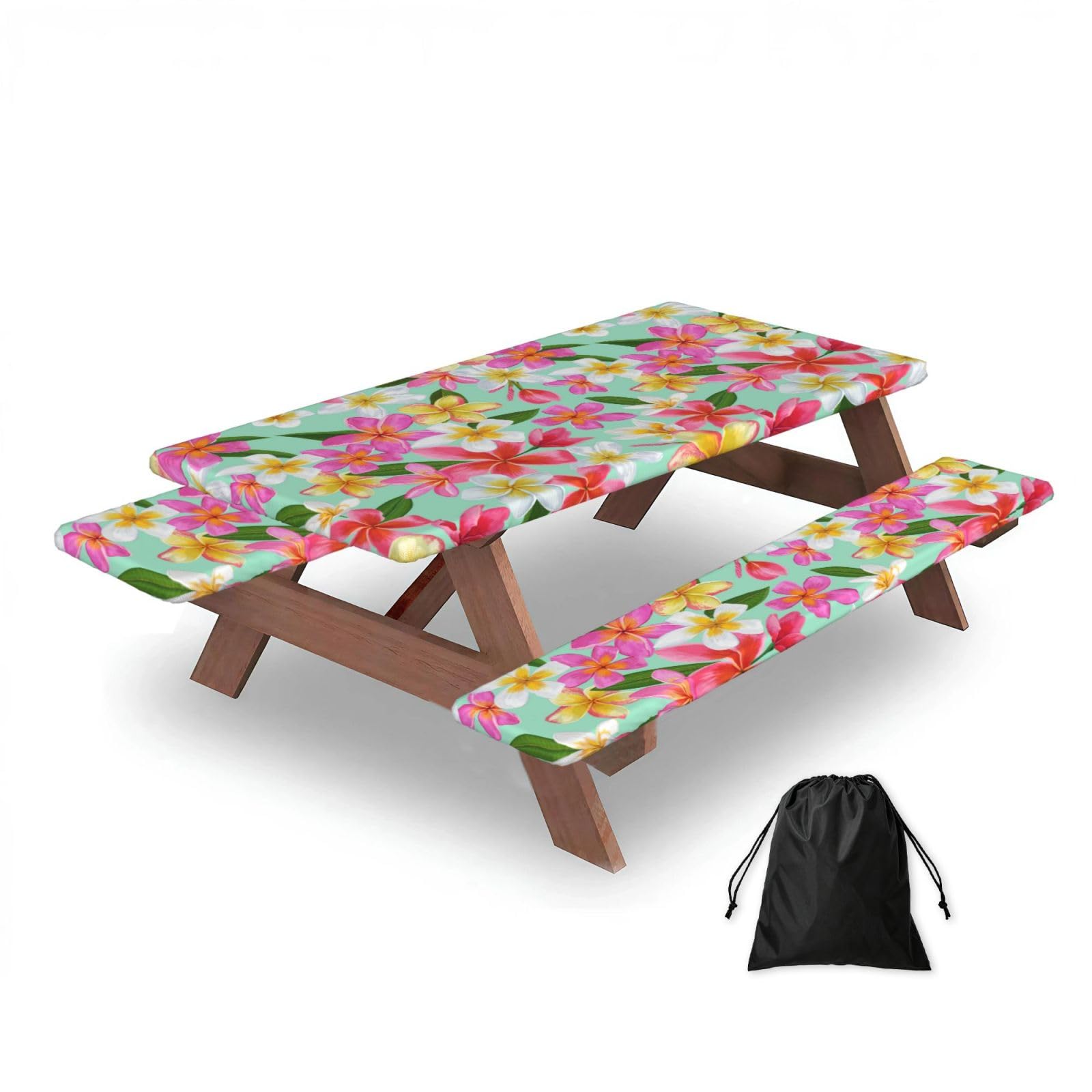 Dopklna As Picture Watercolor Tropical Flowers Floral Plumeria, Picnic Table Cover With Bench Covers -Waterproof Elastic Fitted Tablecloth For Garden Camping Patio 76X152cm