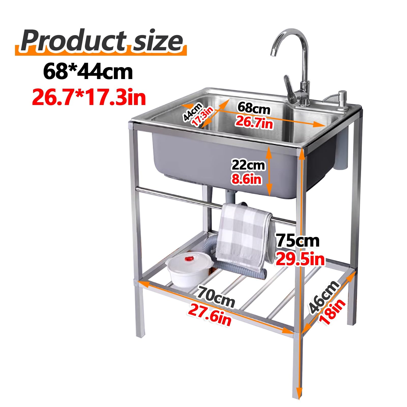 Fregadero utilitario de Acero Inoxidable de un Solo Seno con Kit de desagüe, estación Exterior Independiente para Lavar, lavadero, Cocina, Garaje y habitación.