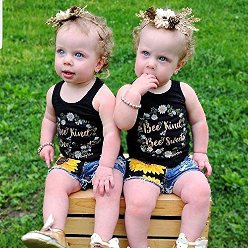 Honganda Fashion 2Pcs Toddler Kids Baby Girl Sunflower Outfits Sleeveless Tank Top+Denim Shorts Summer Clothes (Black, 2-3T)