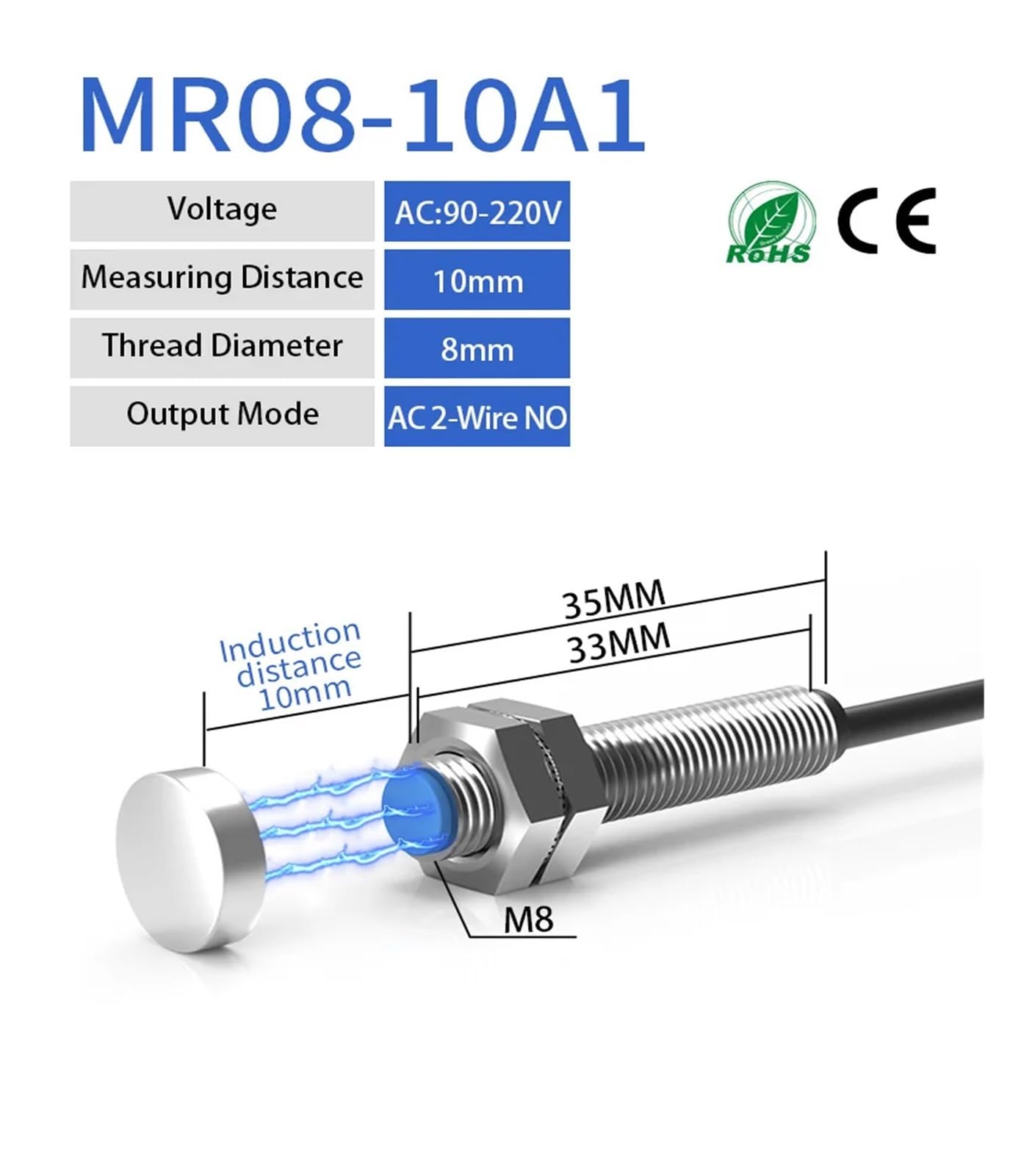 HJCMOONB Reed Switch Hall Effect Magnetic Proximity Sensor LG08A3 M8 Cylinder Series 5-200V AC DC Universal 2 Wire NO NC