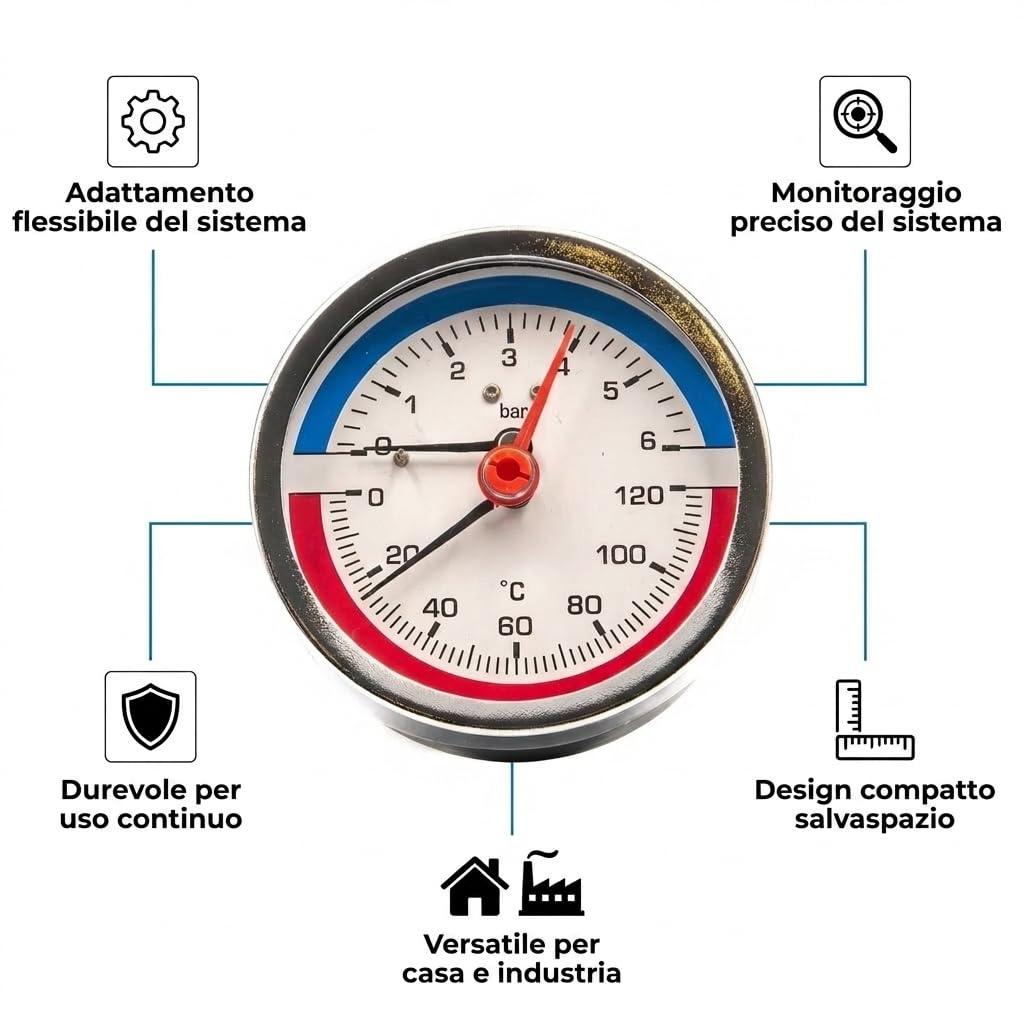 Termomanometro 4 Bar, 0-120°C, Ø 80mm, Posteriore Assiale – Strumento Combinato Per Misurazione Di Pressione E Temperatura