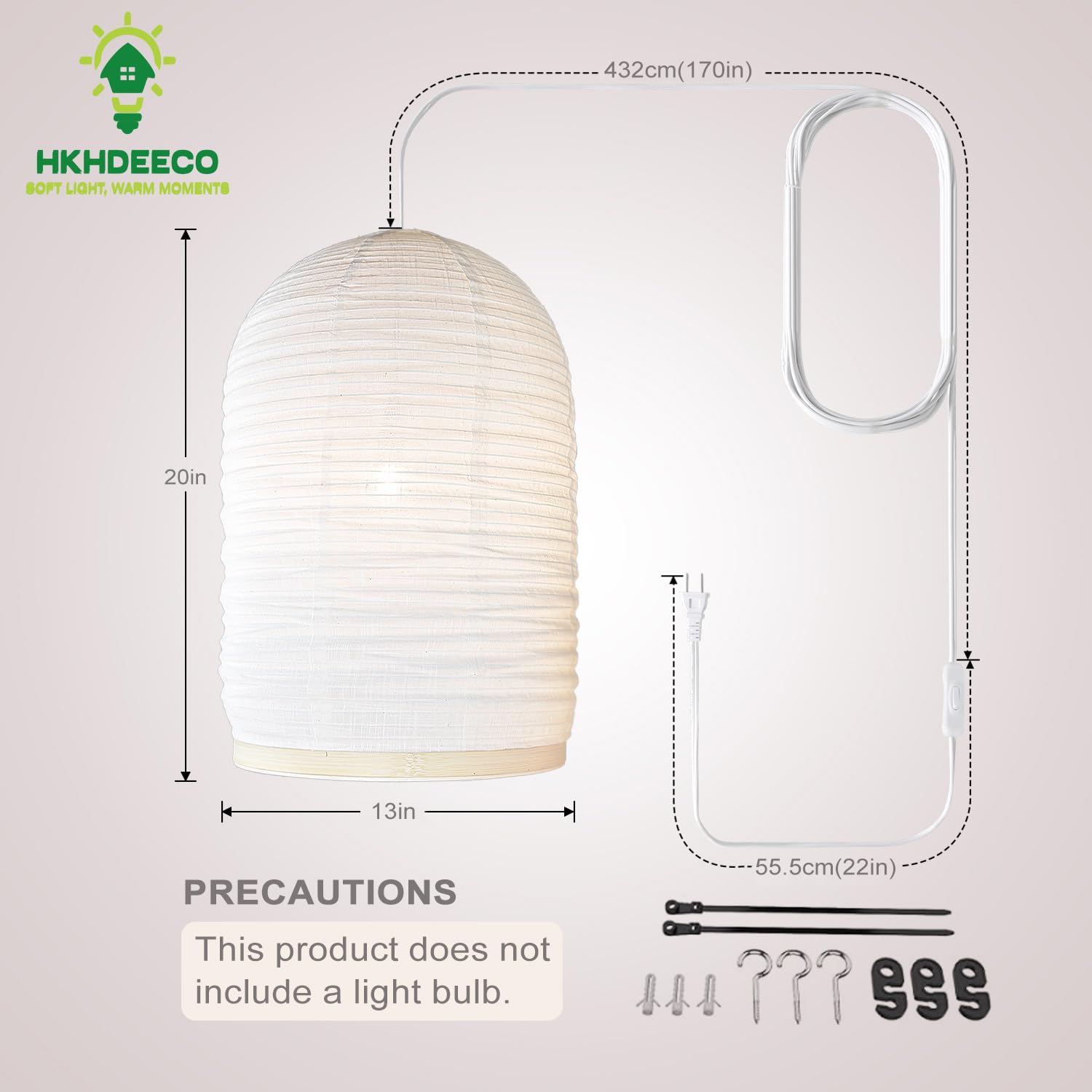 Luci a sospensione con cavo plug-in in lino da 15 pollici, beige, fatte a mano, lampada a sospensione per naturalismo e Zen, adatte per scene come camere da letto, soggiorno, corridoi
