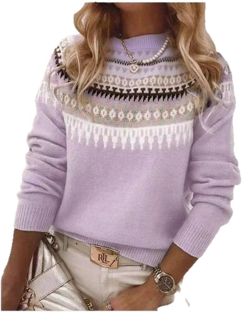 Women's Fair Isle Sweater Casual Vintage Crew Neck Knitted Sweater Cute Graphic Fall Fashion Pullover Jumper Tops
