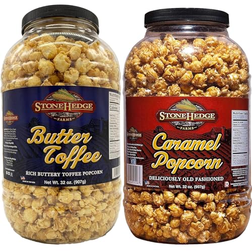 Stonehedge Farms Caramel & Butter Toffee Flavored Popcorn Variety Pack | 32 oz Tubs (Pack of 2) | Perfect for Holidays and Christmas | Reclosable Barrels | Bulk Popped Carmel Pop Corn