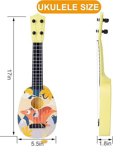 Miniatura 3 de YOLOPLUS+ Ukelele de juguete para niños, juguete musical de guitarra para niños, 4 cuerdas de acero de 17 pulgadas, con púa, para niños juegan con