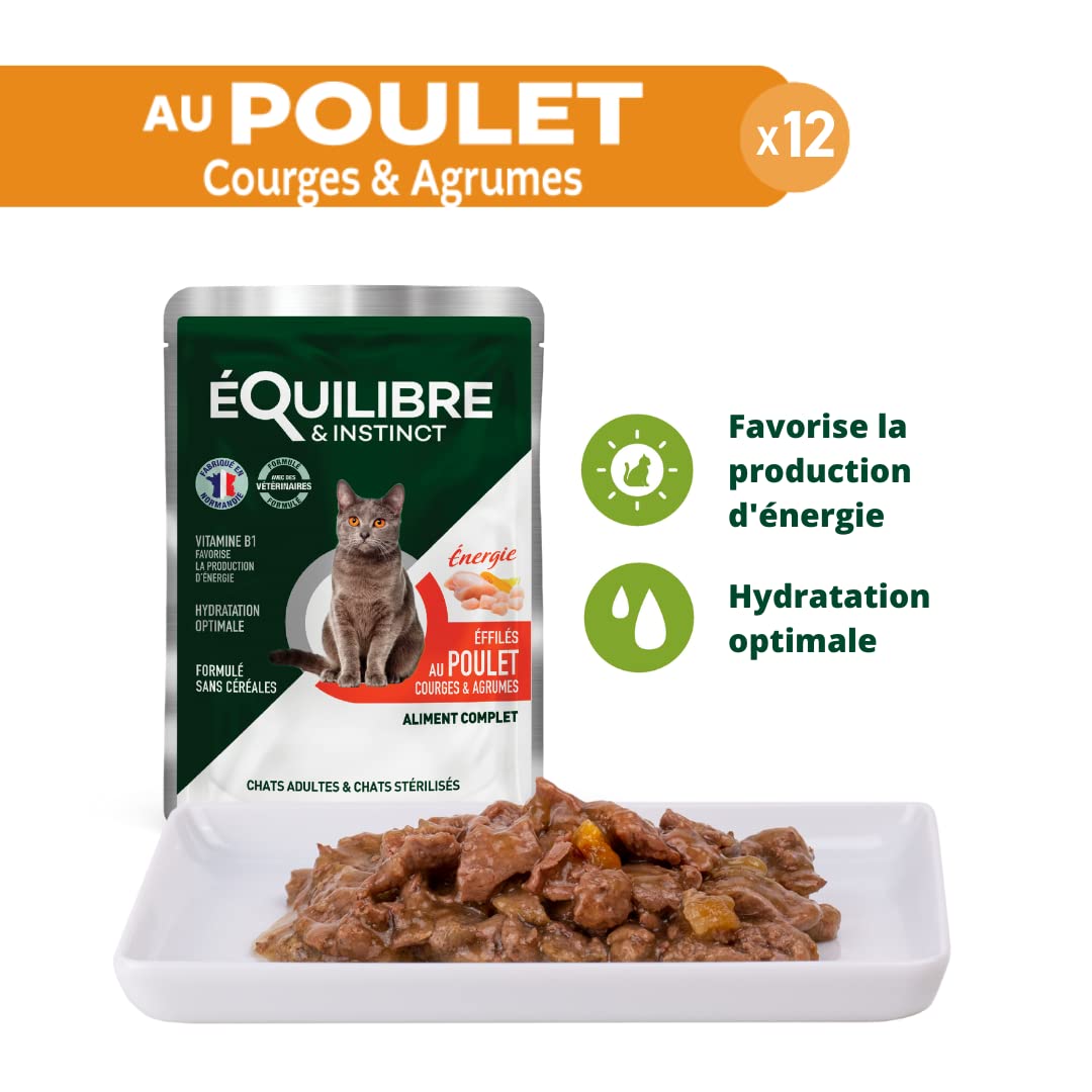 EQUILIBRE & INSTINCT - Chat Stérilisé - Sachet Nourriture Humide Multi Saveur - Énergie, Digestion, Hydratation, Défense - Recette Complète formulée avec des vétérinaires - 48x85g - Fabriqué en France