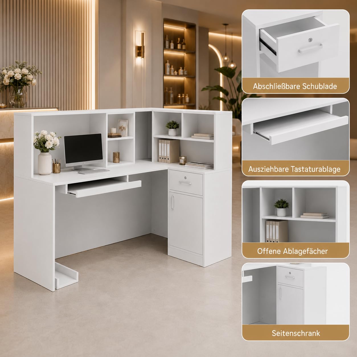 Empfangstheke MDF 140x80x120 cm mit Computertablett, abnehmbarem Regal, 1 Schublade, 1 Schrank