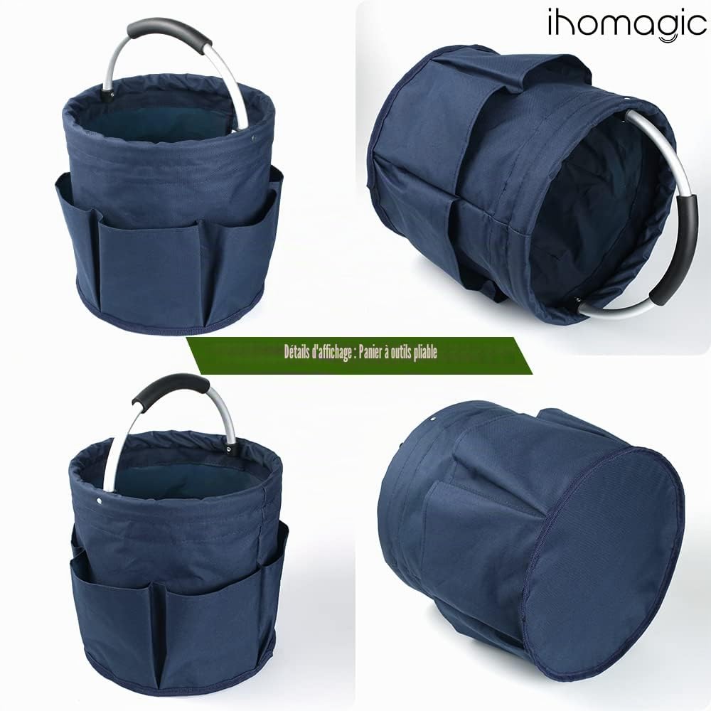 17L Sac Pliable à Outils de Seau avec Plusieurs Poches, Sac Rond à Outils de Jardinage, Panier Multifonctionnel avec Poignée, Corbeille de Rangement pour Les Outils, Les Jouets (Bleu Marine)
