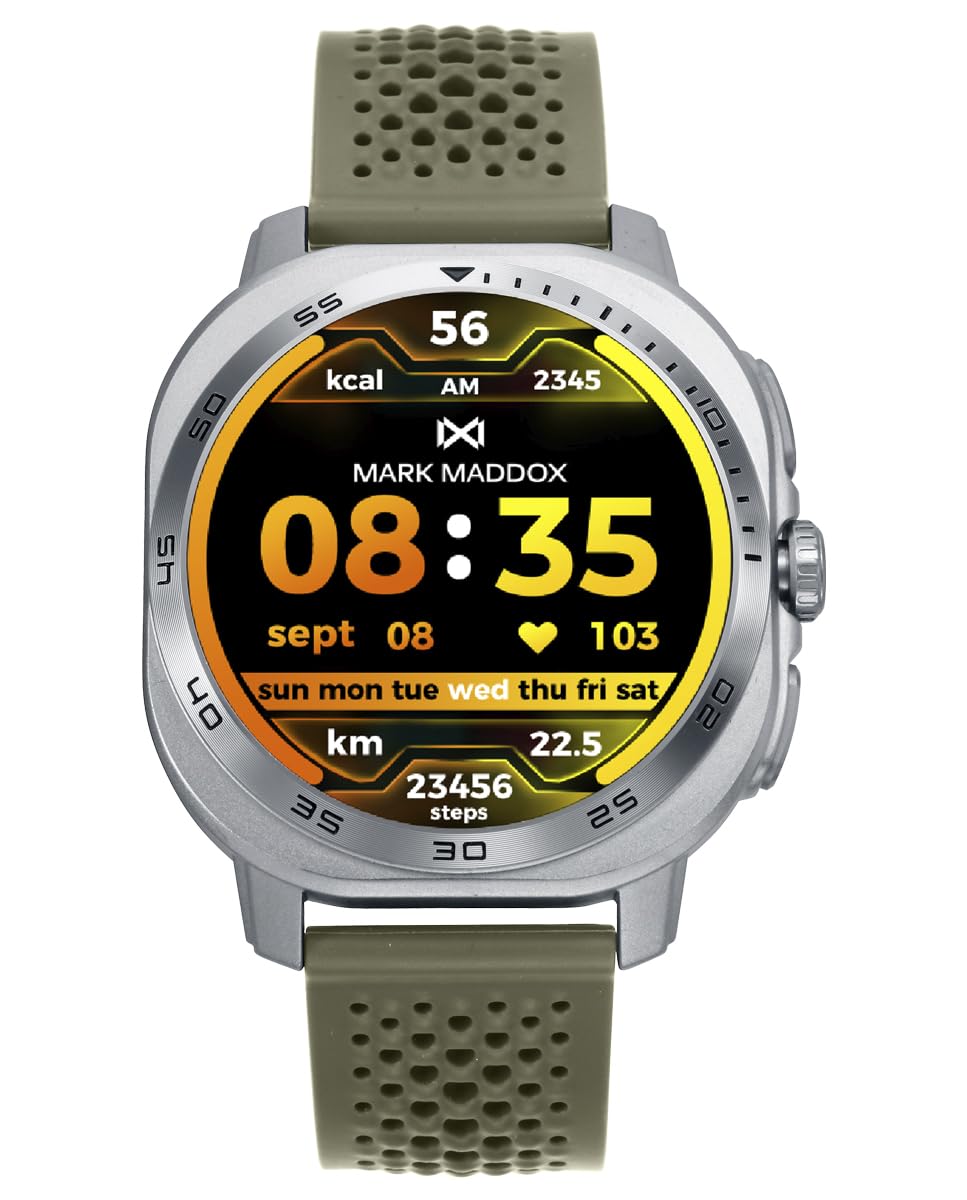 Mark Maddox Smart HS2008-80 – Smartwatch Unisex Verde Militar, Correa de Goma Transpirable con Hebilla, GPS en App, Llamadas Desde el Reloj, Control de Estrés y Ritmo Cardíaco, Colección Smart Now