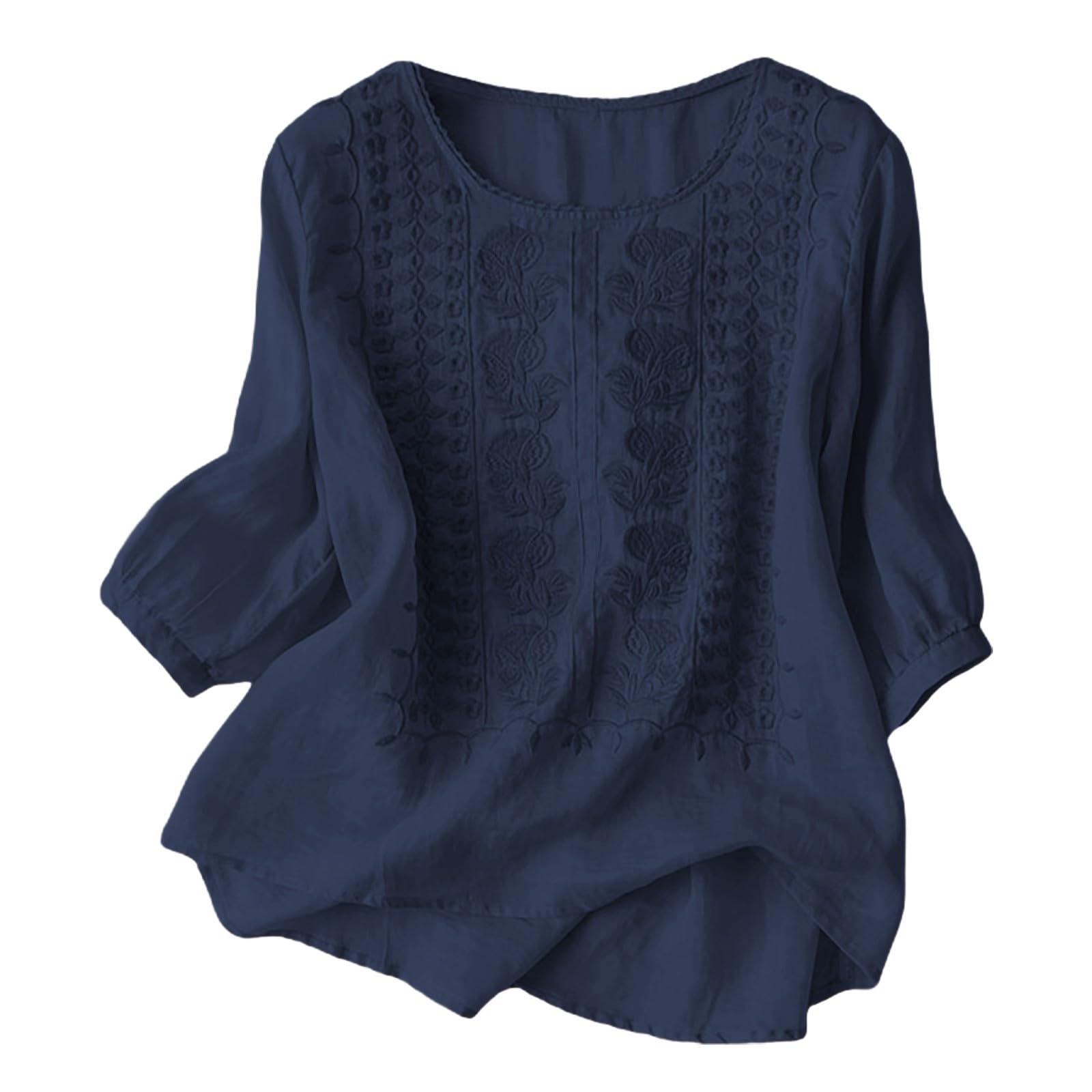 Chemisier Coton et Lin Manches Courtes pour Femme Blouses Ample Col Rond Tunique D'été Boho Vintage Broderie Top Hauts Lâche Respirant Grande Taille Tunique Blouse