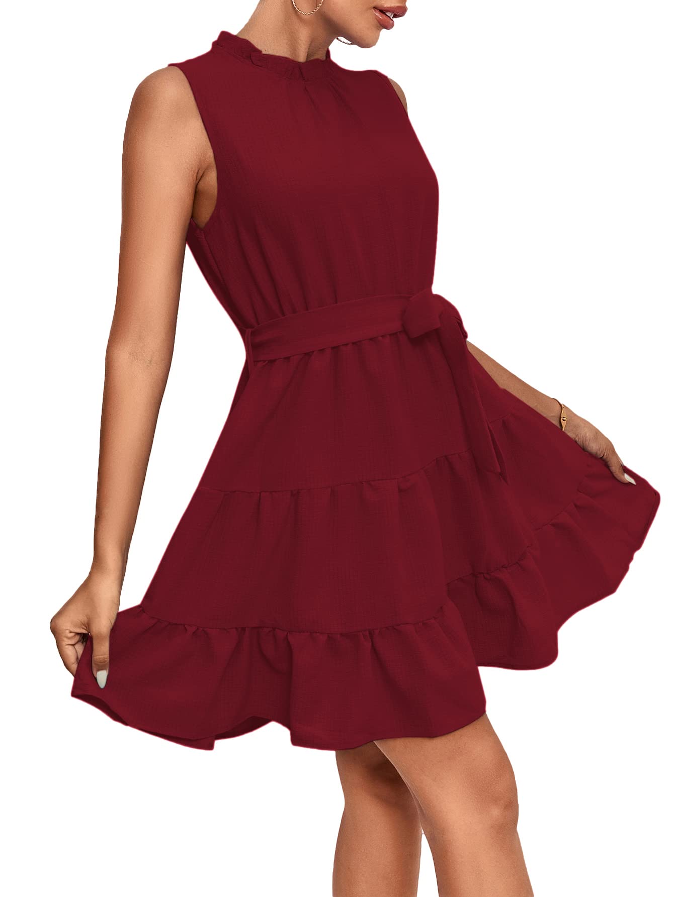 Umenlele Vestido corto para mujer, con cuello redondo, sin mangas, con nudo de corbata, cintura alta, volantes en capas, Rojo vino, S