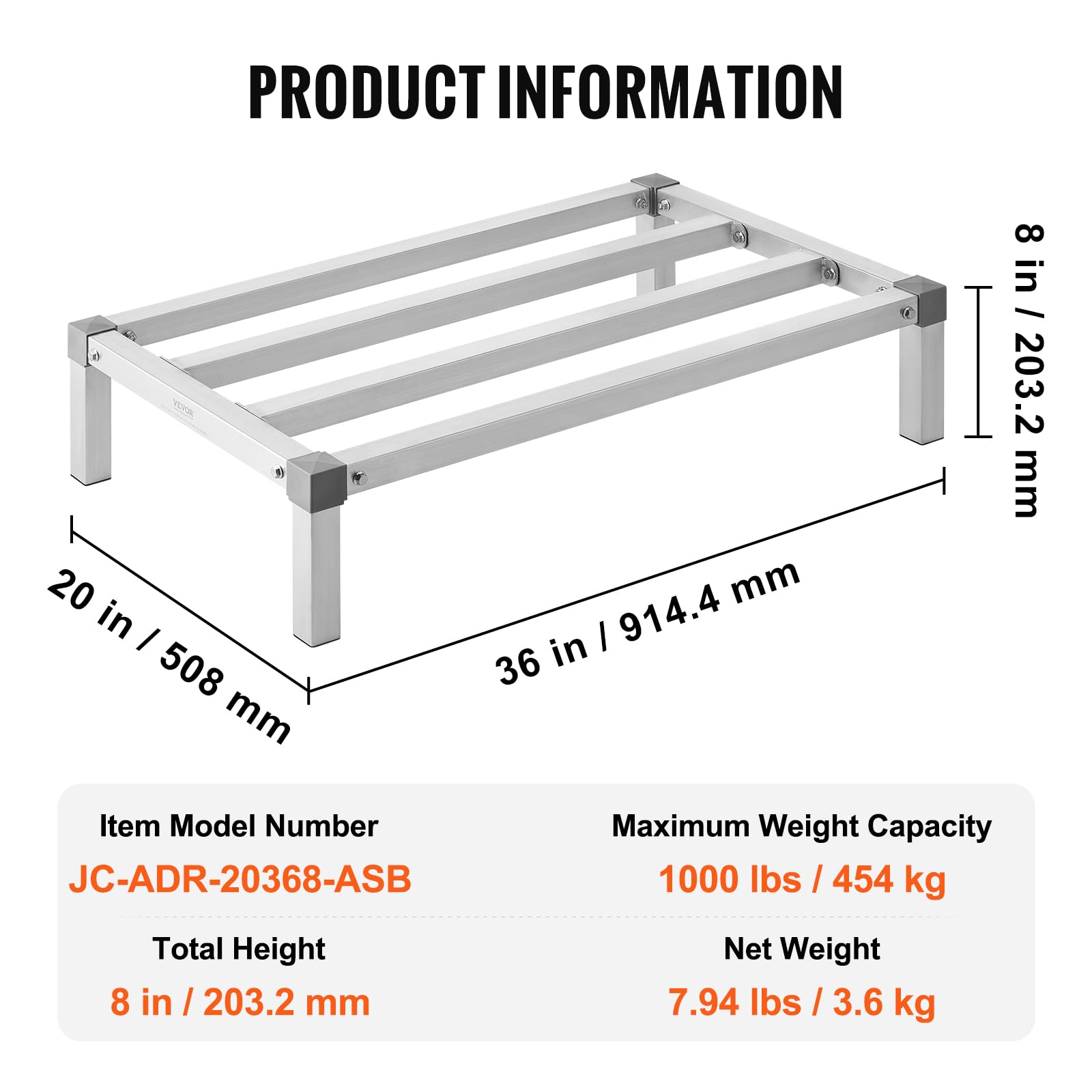 VEVOR Rack de Calage en Aluminium, 91,4x50,8x20,3 cm, Support de Stockage Commercial, Capacité de Charge 454 kg, Assemblage Facile, pour Rangement Aliments au Sol, dans Restaurants, Cuisines, Garages