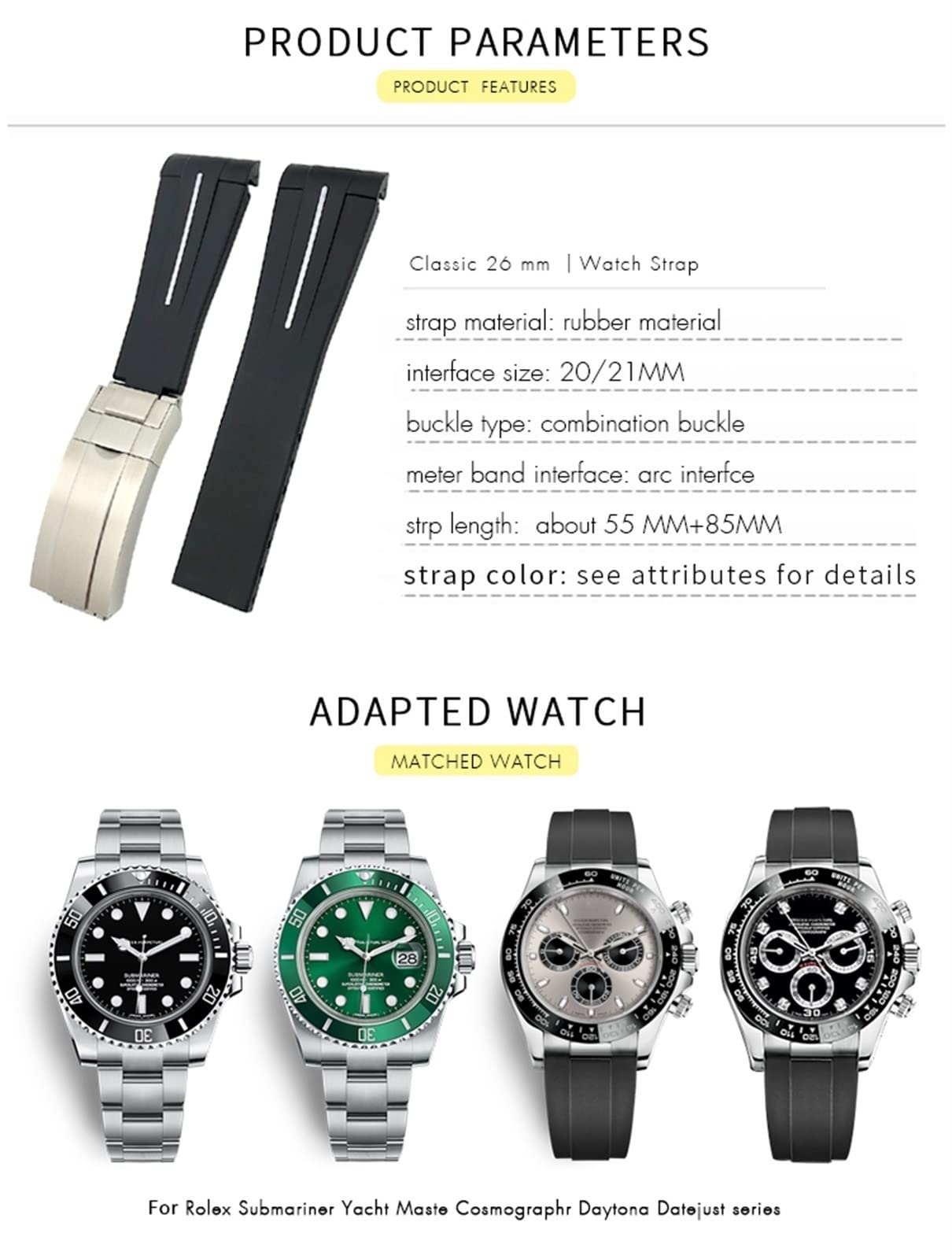 SERDAS Cinturino in gomma da 20 mm 21 mm per Daytona GMT cinturino sportivo con estremità curva