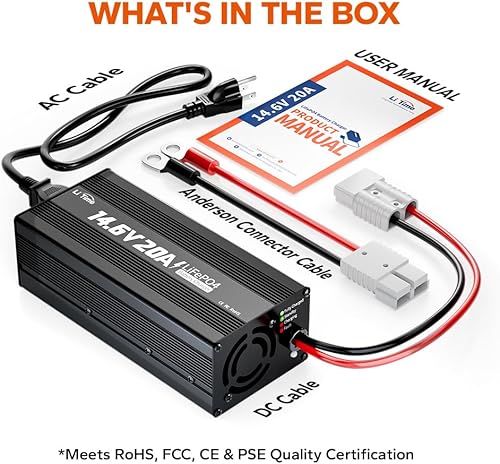 Miniatura 9 de LiTime Cargador de batería de litio de 12 V 20 A, cargador de batería LiFePO4 de 14.6 V, cargador inteligente AC-DC con conector Anderson, indicador