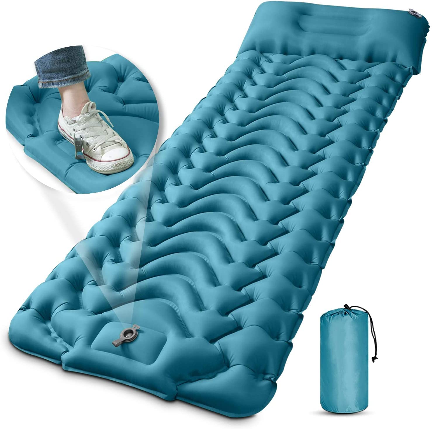 Camping Sleeping Pad, Extra Thickness 9.9cm Inflatable Sleeping Mat with Pillow Built-in Pump, Compact Ultralight Waterproof Camping Air Mattress for Hiking, Tent, Traveling (Light Blue)