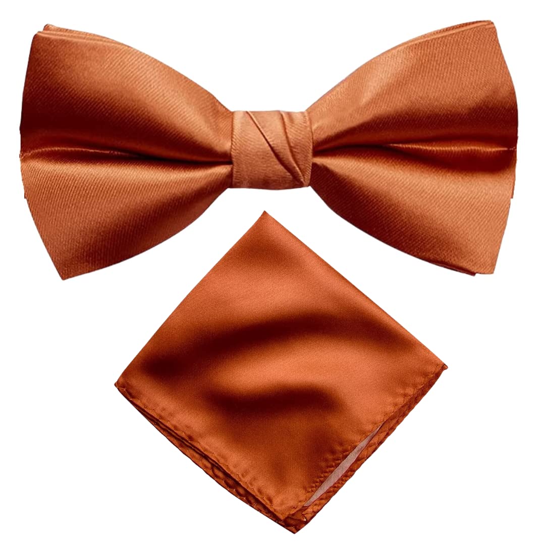 Premium Pre-Tied Satin Bow Tie and Pocket Square for Men | Handcrafted Bow Tie & Wedding Handkerchief for Suits, Blazers & Tuxedo for Formal Events & Weddings (Copper Brown)-image-4