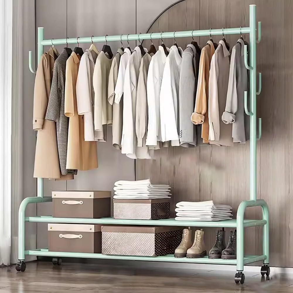 MYUYEE Heavy-Duty Clothes Rack On Wheels, Metal Clothes Rail, Multifunctional Mobile Coat Rack With Shoe Rack And 7 Hooks For Bedroom, Hallway, 120/150 * 37 * 165Cm(A-150Cm)