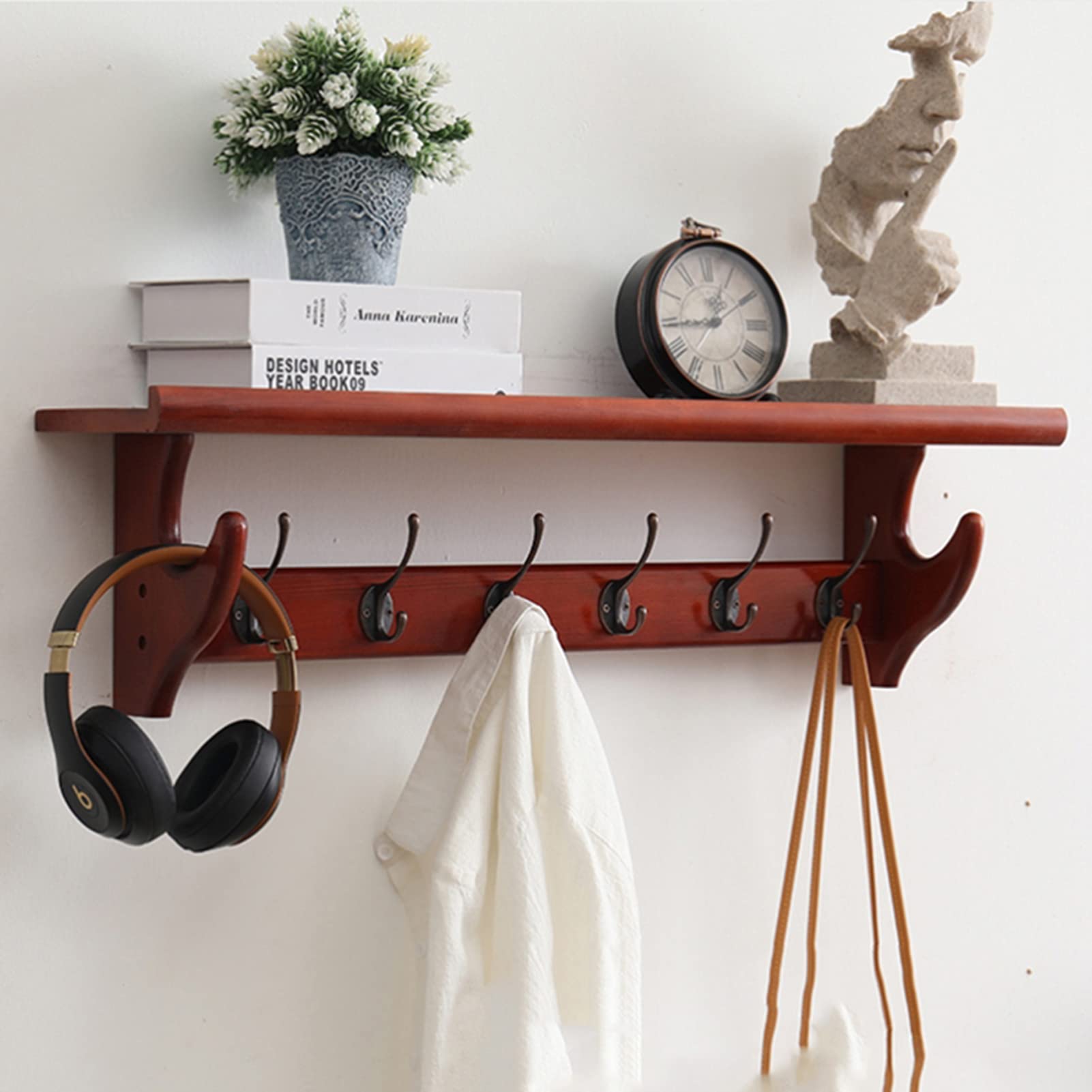 Porte-manteaux avec étagère murale bois crochets pour salle de bain