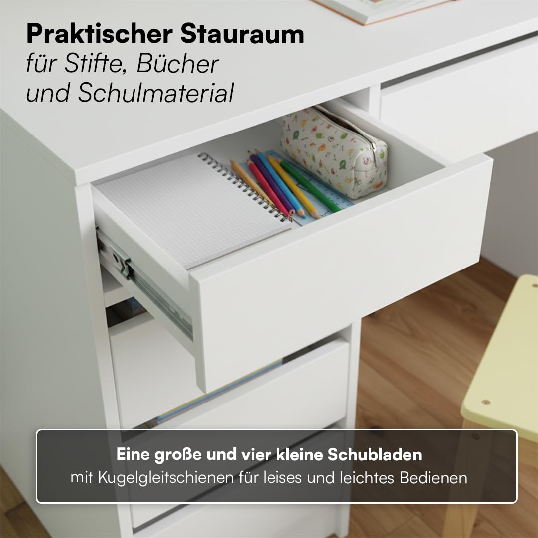 Bellabino Nore Kinderschreibtisch in Weiß mit 5 Schubladen - Jugendschreibtisch 110x53 cm - Schreibtisch Kinder ab 6 Jahren - Schülerschreibtisch mit Schubladen beidseitig montierbar für Kinderzimmer