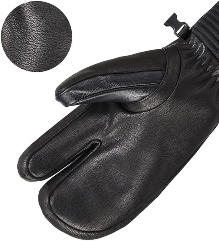 Harssidanzar Men Women Winter three Fingers Ski Mittens Goatskin Thermal Waterproof Snowboarding Gloves KM064US,Black,Size XL