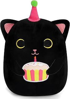 KOPHINYE Black Cat Plush, 8 inch Birthday Cat Stuffed Animal Happy Birthday Plush Cute Cat Plush Pillow with Cake, Kawaii Cat Plushie Birthday Plush for Girls, Boys and Cats