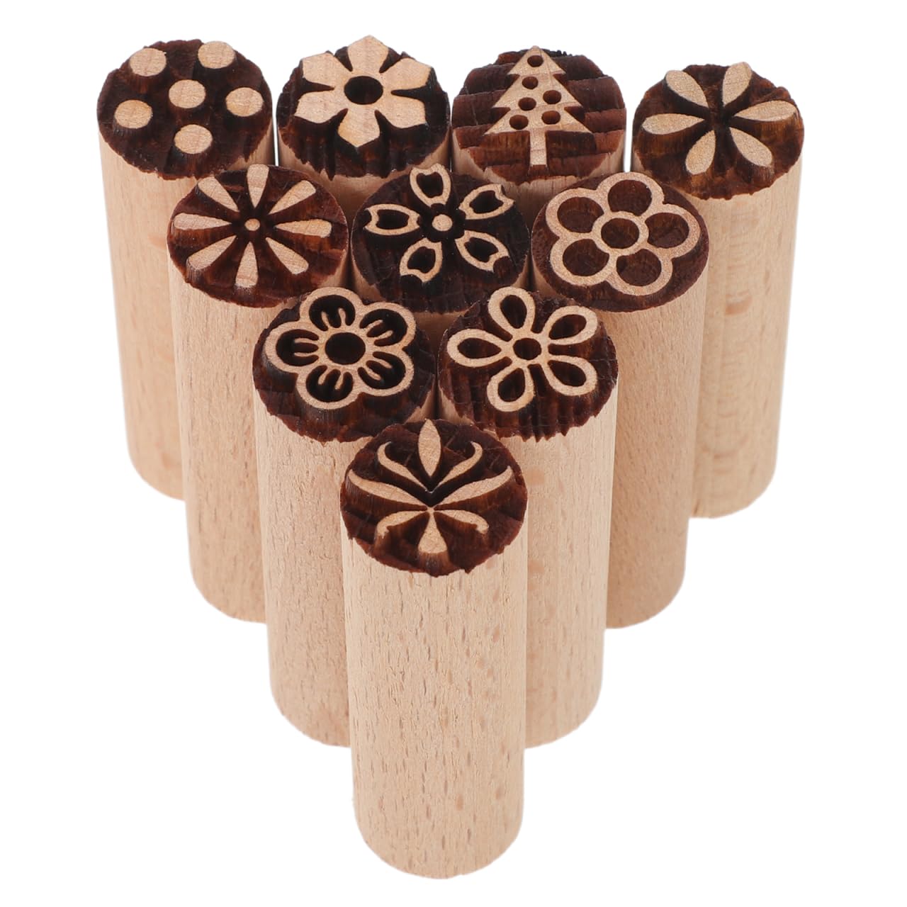 Artibetter スタンプ 木製 花柄 おしゃれ 陶芸 粘土用 スタンプ 10個セット 手彫り クラフト用印章 ポリマークレイスタンプ Diy手作り彫刻ツール 装飾用 小さい