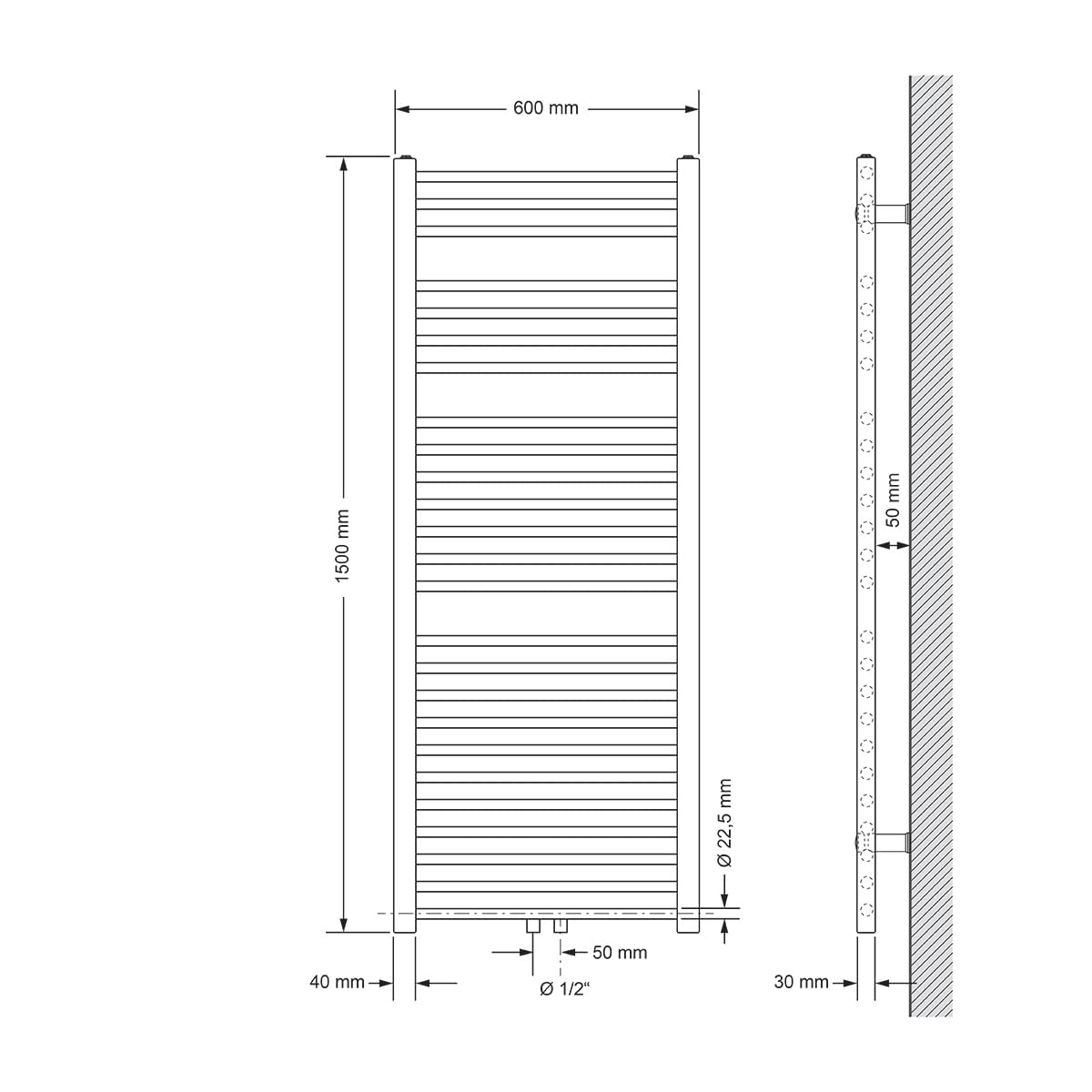 ECD Germany Radiatore Scaldasalviette Sahara - 600 x 1500 mm - Antracite Dritto con Attacco Centrale Radiatore Scaldasalviette Asciugabiancheria 600x1500 mm Dritto con Attacco centrale non elettrico