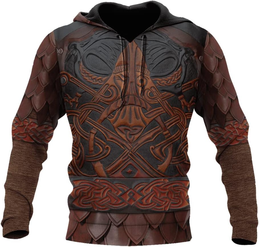 Viking Hoodie Armor 3D Full Print Retro Long Sleeve Casual Pullover Fall Big Pocket Loose Harajuku Sweater Coat