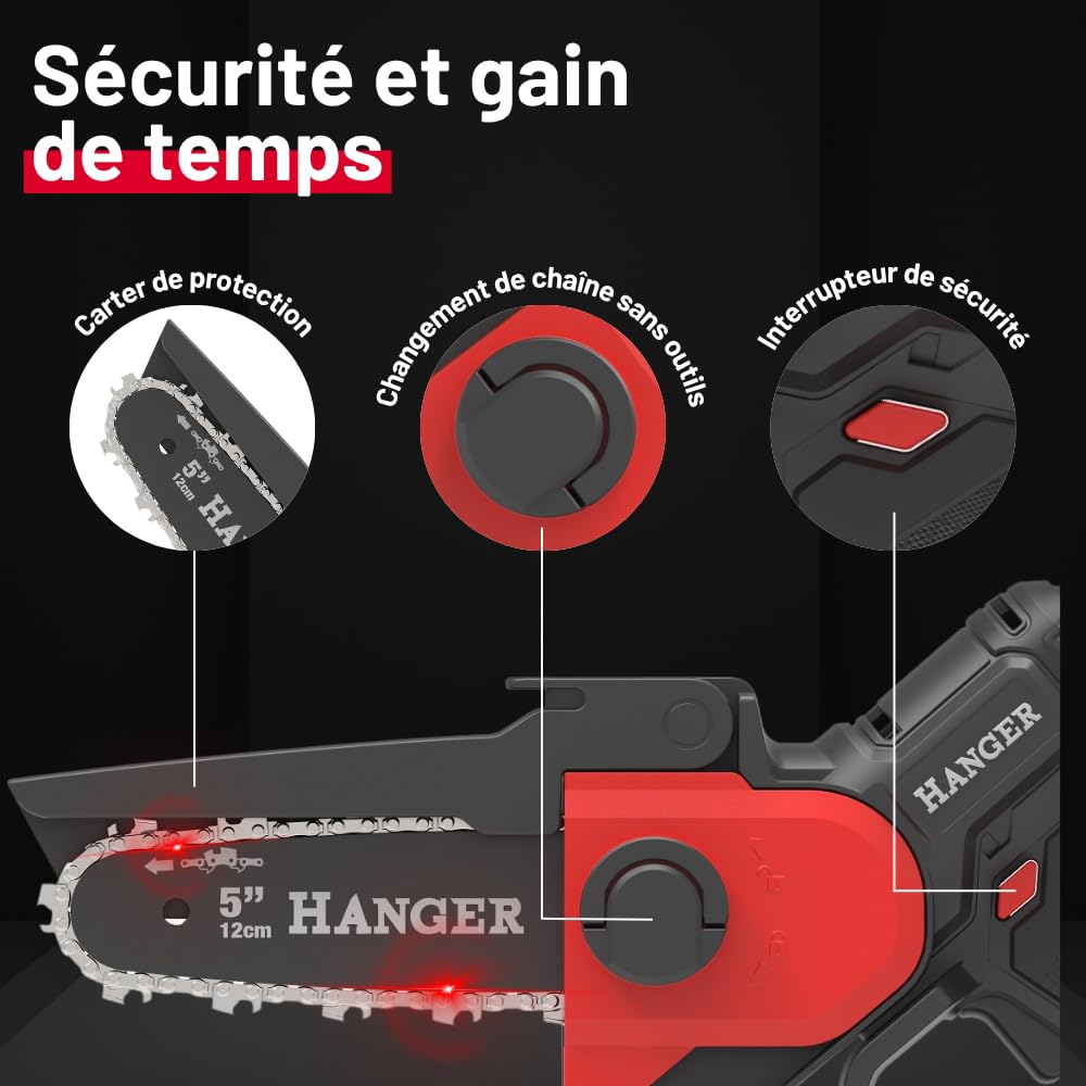 Scie d'élagage sans fil 18V avec batterie 2Ah et chargeur – Guide 12 cm – Scie élagueuse compacte, légère et puissante