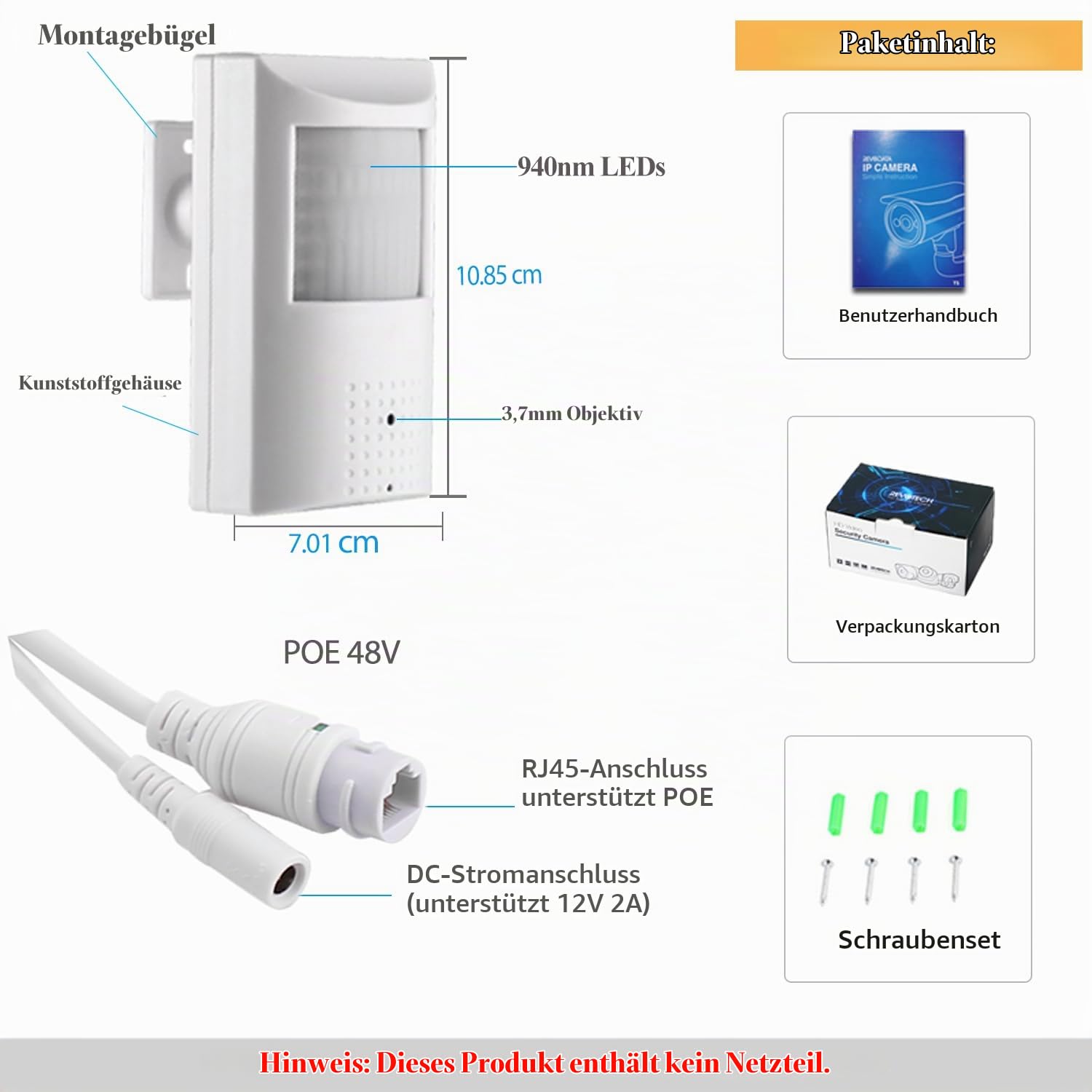 5MP PIR POE IP Kamera,Indoor Überwachungskamera P2P 3.7mm Objektiv 940nm unsichtbar 48 LEDs IR Nachtsicht CCTV Kamera H.265 (IPIR-P-HS Weiß)