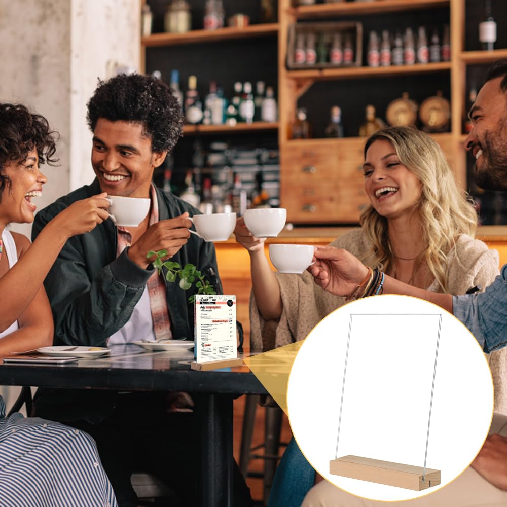 Lot de 3 Présentoirs de Table A5 en Acrylique Transparent avec Base en Bois-Porte-Affiche/Panneau Publicitaire pour Menus,Photos, Publicité (A5-6Pièces-A) | Présentoir double face pour étiquettes de prix et menu pour restaurants, cafés, bureaux