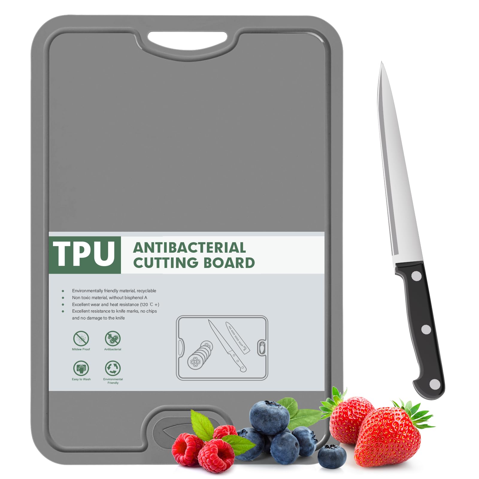 Gintan TPU Cutting Board, BPA-Free, with Knife and JuiceGroove,Scratch Resistant Flexible Cutting Boards for Kitchen, Dishwasher Safe, Easy-Grip Handle, Non-Slip (Dark Grey)
