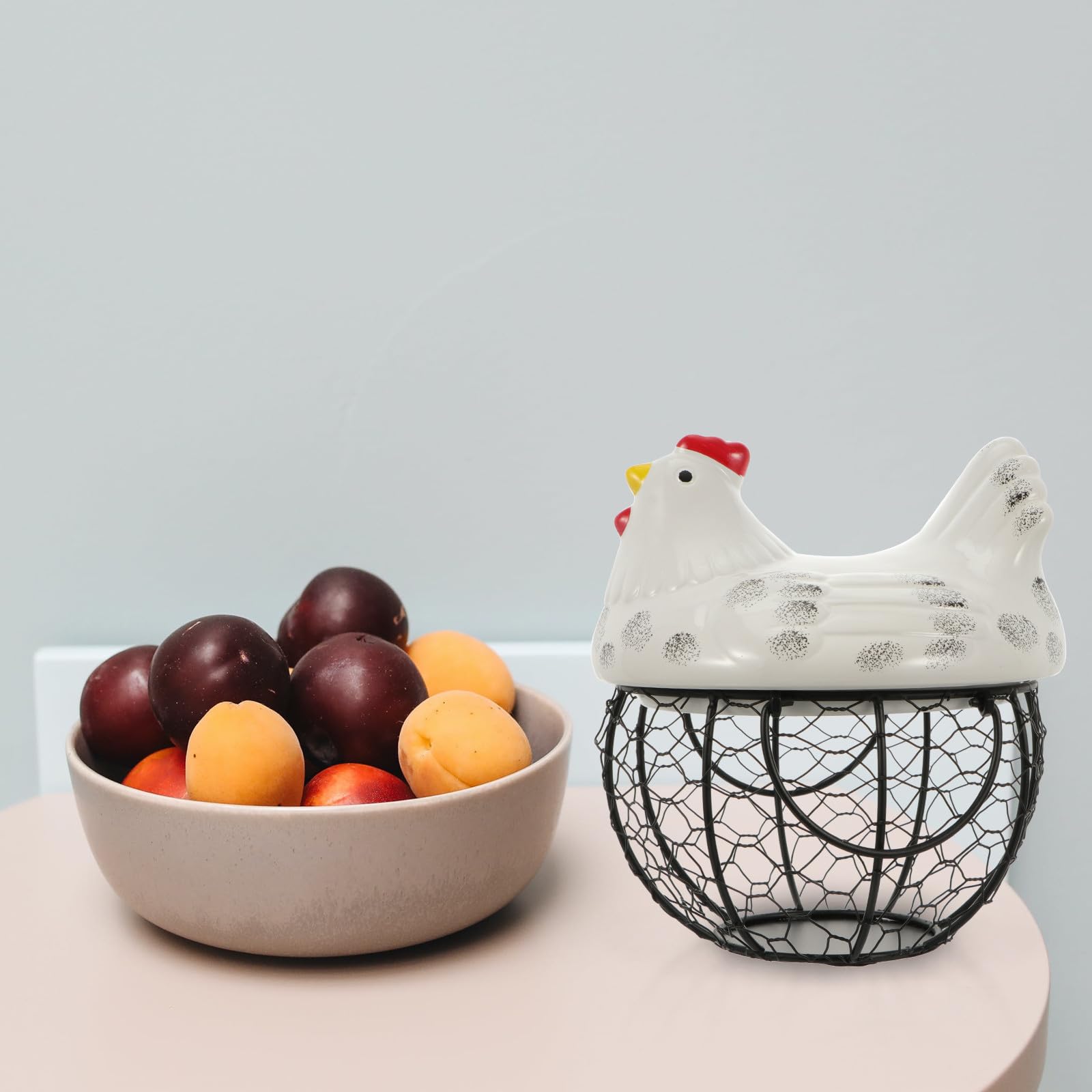 Cesta para Huevos Diseño de Gallina, Cerámica E Hierro Blanco