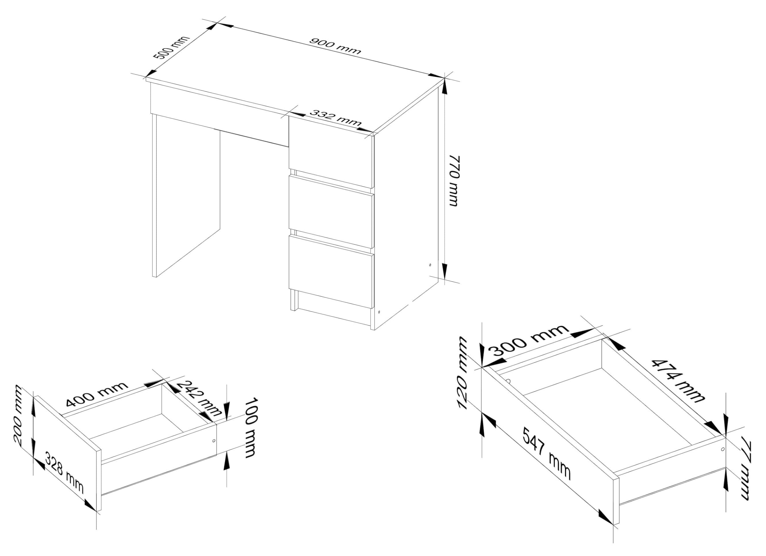 AKORD | Scrivania A-7 | 4 Cassetti | Office Desk | Scrittoio per Ufficio | Per Computer PC Laptop | Al lavoro | A casa | 50x90x77 cm | Bianco/Grigio grafite