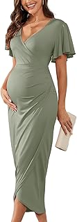 2025 Womens Maternity Wrap Dress V Neck Ruffle Sleeves Semi Formal Baby Shower Photoshoot