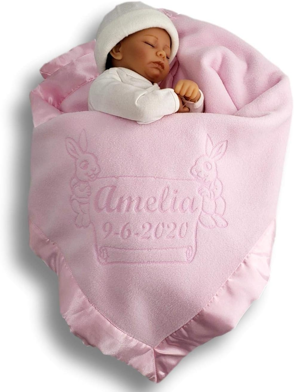 Custom Catch Personalized Bunny Baby Blanket - Girl or Boy Unisex Gift - Newborn or Infant Name in Pink or Blue