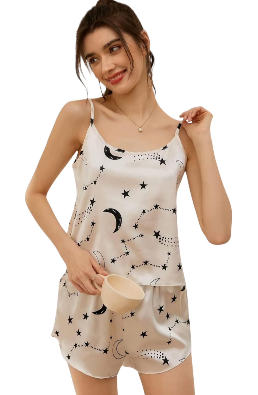sprintx Women's Lingerie Set Celestial Print Satin Cami and Shorts Pyjama Set, White with Moon and Stars Pattern-picture-12