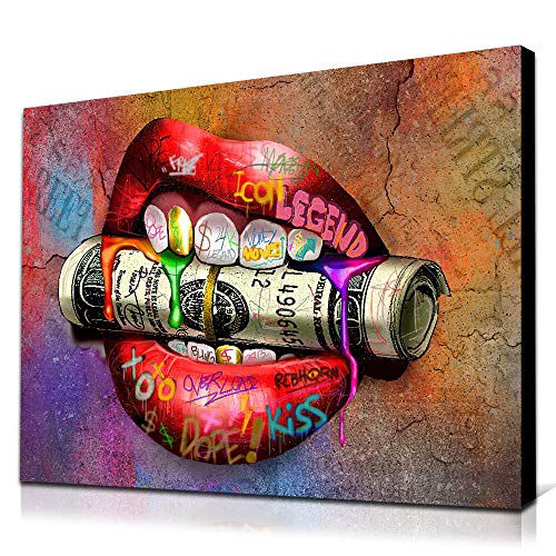 Orlco Art Graffiti Art Rode Sexy Lippen En Dollar Pop Geld Motivatie Muur Street Art Canvas Schilderen Poster Prints Foto Voor Woonkamer Slaapkamer BadkamerMuur Decor Kleurrijke 28"x40"