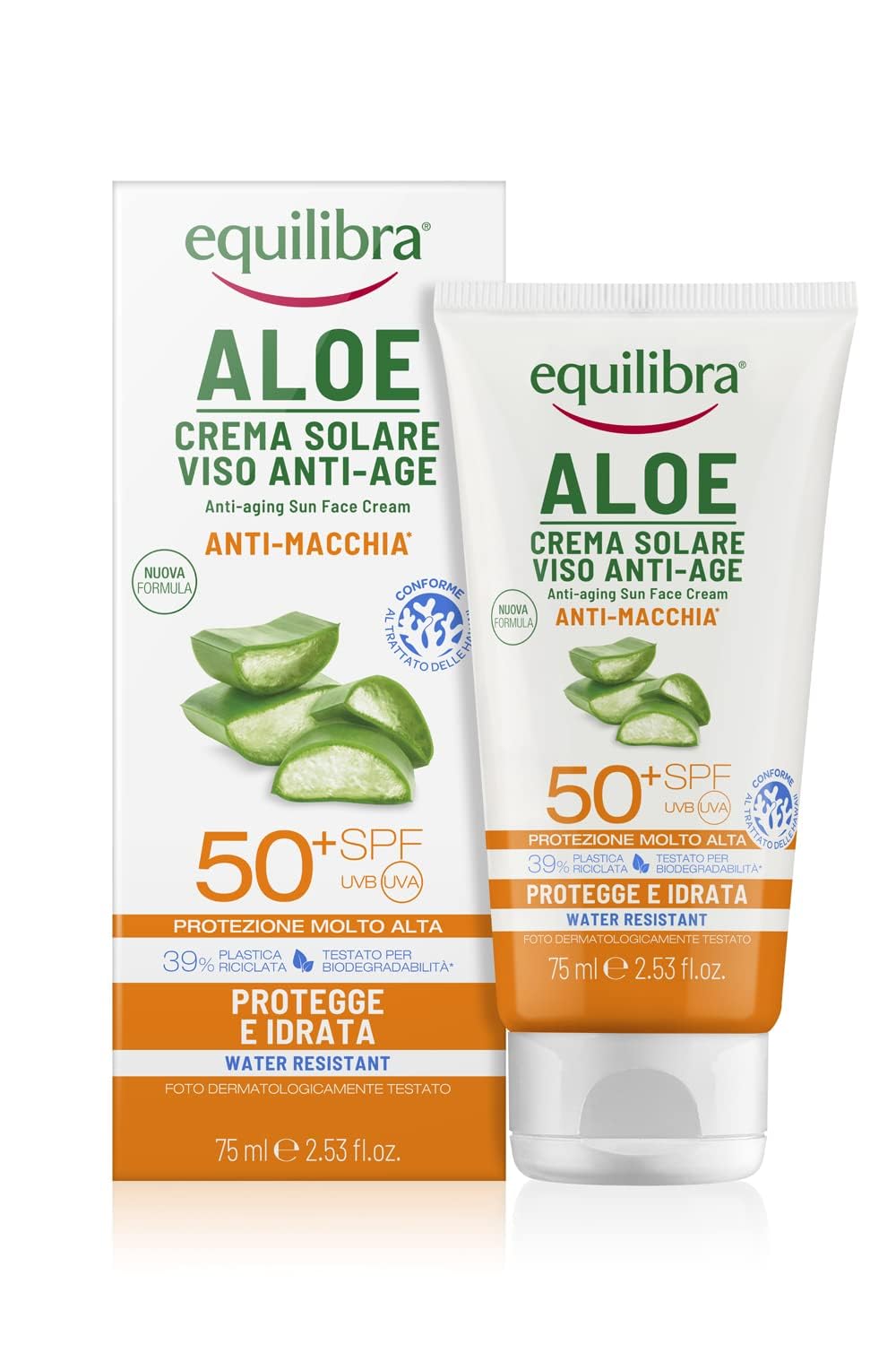 equilibra Solari, Aloe Sonnencreme für das Gesicht mit LSF 50+, Sonnenschutz für das Gesicht auf Basis von Aloe Vera, Arganöl, Kokosöl, mit Vitamin C und E und Karottenöl, wasserfest, 75 ml