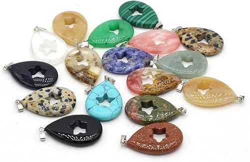LE SKY 7 colgantes de piedra natural en forma de gota de agua de cuarzo cristal ágata piedra hueca patrón de pentagrama para hacer joyas, collares,