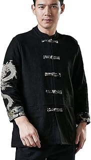 Chinese Traditional Kung Fu Jacket Tai Chi Qi Gong Martial Arts Cloths with Embroidered Dragon Design Apparel (L, Black)