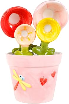 4Pcs Flower Measuring Spoons with Pot, Cute Ceramic Measuring Spoons and Cup Set, Decorative Kitchen Accessories for Milk Powder Sugar Salt(Pink)