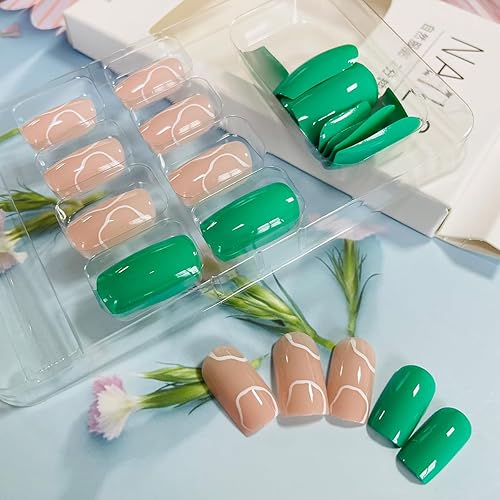 Miniatura 4 de 24 uñas cuadradas a presión, uñas postizas acrílicas cortas, uñas con pegamento verde con ondas blancas, diseños exquisitos, uñas postizas