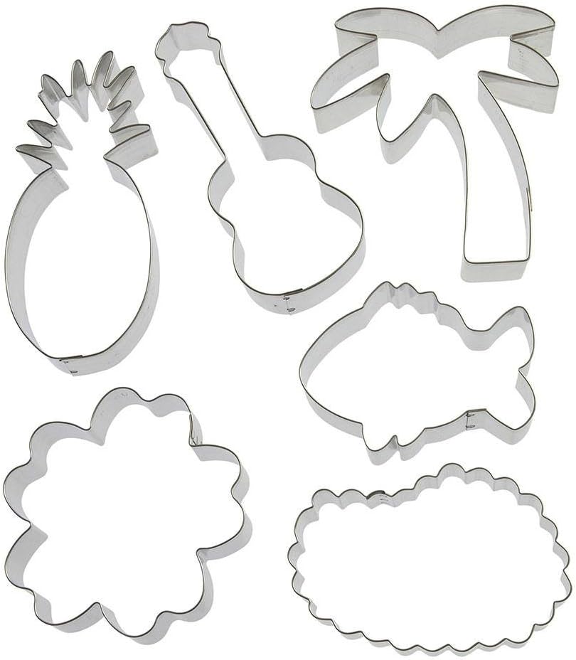 Foose Cookie Cutters 6 Piece Tropical Set 5.25" Guitar, 5" Palm Tree, 5.25" Pineapple, 3.75" Hibiscus, 3.5" Fish, 4" Lei, USA Made