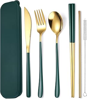 6 Pieces 18/8 Stainless Steel Flatware Set Portable Reusable Cutlery Set Travel Utensils Set Including Chopsticks Knife Fork Spoon Straws Cleaning Brush Dishwasher Safe (Green golden)