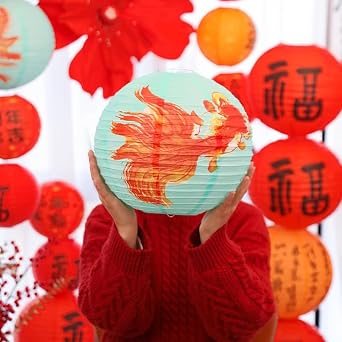 8 Pieces Chinese Style Paper Lanterns Includes Different Size and Pattern Red with Bird*2 Blue with Fish*4 and Yellow with Flower*2 Paper Lanterns for New Year Decor Eledrly Birthday Party Wedding