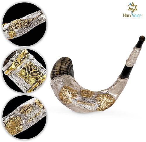 Miniatura 2 de Shofar de decoración chapado en plata esterlina con soporte Shofar, bolsa de transporte, cepillo y spray antiolor, fabricado en Israel. (Liones de