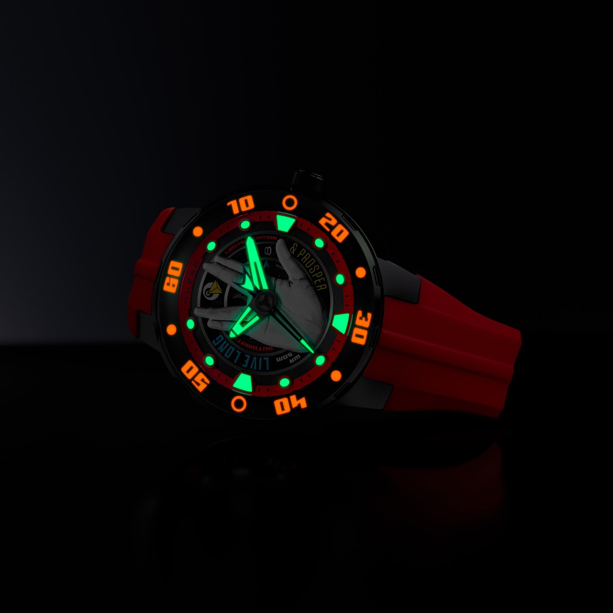 Nubeo Orologio da uomo 50 mm Mariner automatico Star Trek Live Long & Prosper Limited Edition con cinturino in silicone NB-6122, Rosso Vulcaniano, Cinturino