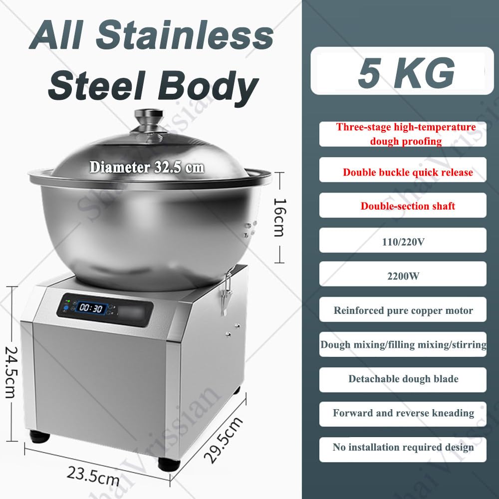 Impastatrice Commerciale in Acciaio Inox,Impastatrice a Spirale Professionale,Timer,Doppia Rotazione,Parti Staccabili per Facile Pulizia,per Panetterie E Pizzerie 5kg