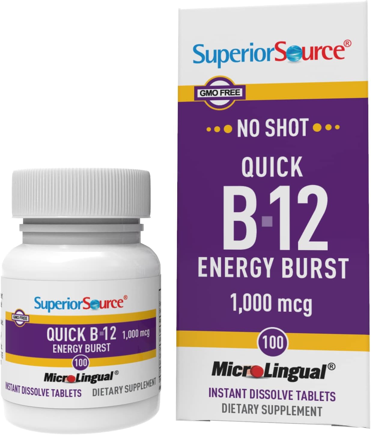 Superior SourceNO Shot Quick Energy Burst B-12 1,000 mcg - Premium Nervous System Support Supplement - Non-GMO & Gluten-Free - 100 MicroLingual Instant Dissolve Tablets